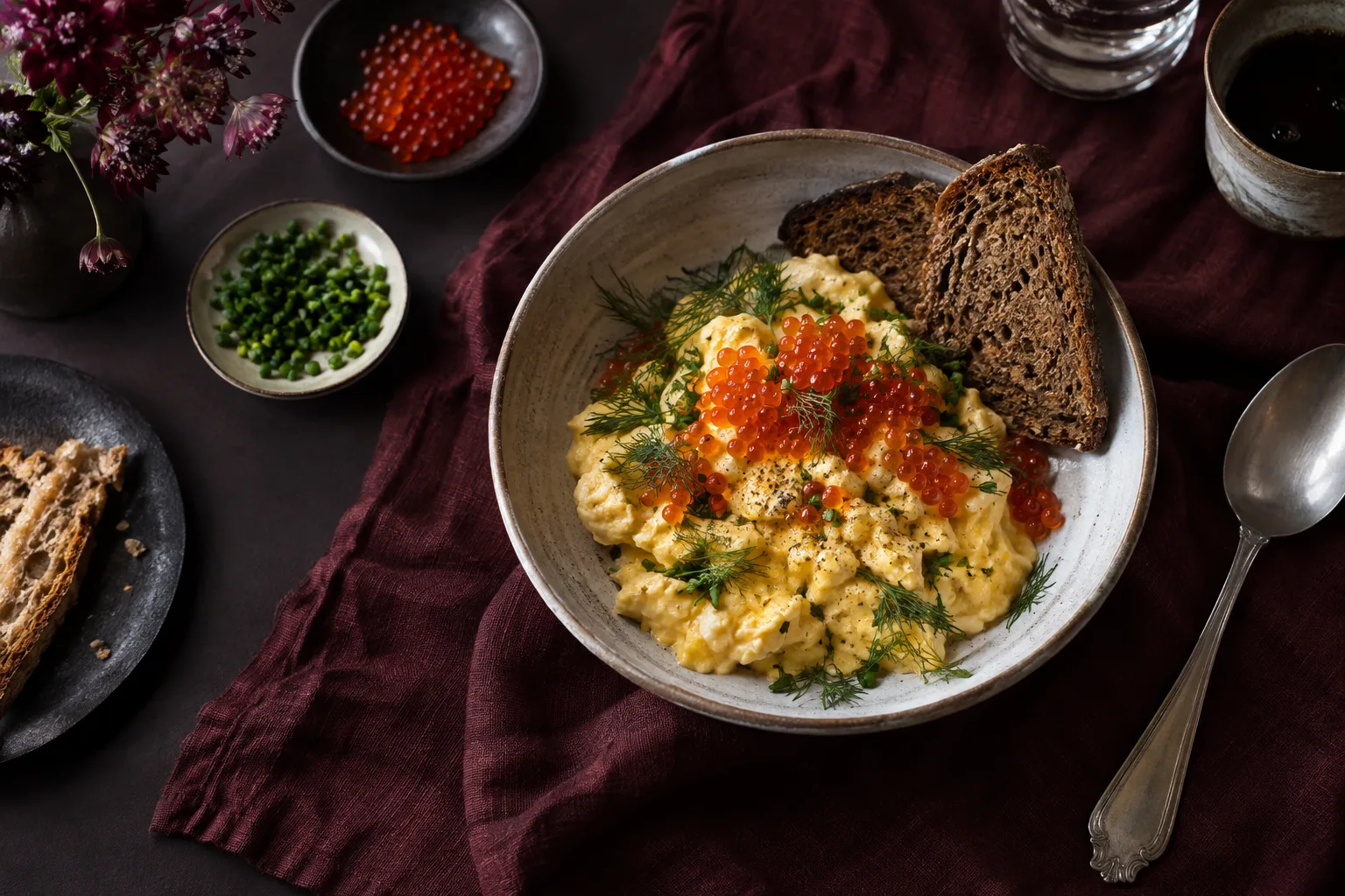 Soft eggs with salmon roe, dill and rye toast